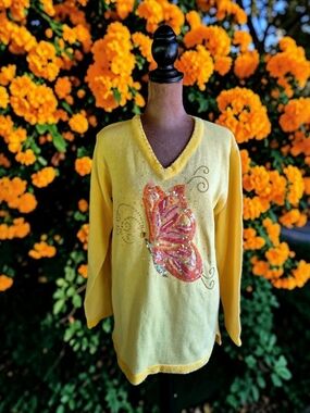 Sunny Yellow Butterfly Sequin V-Neck Sweater